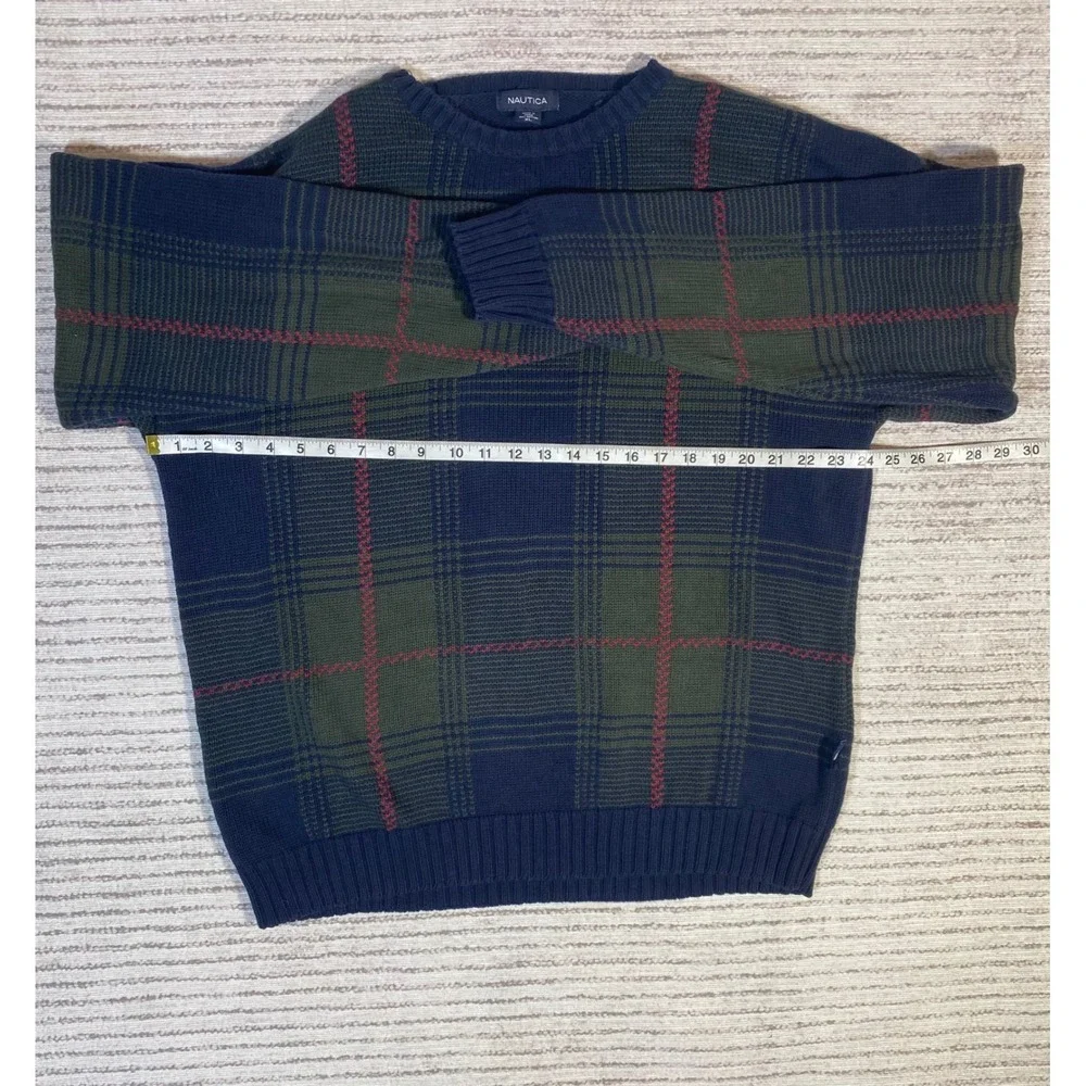 Nautica Mens XL Navy Blue Green Plaid 100% Cotton Crewneck Knit Sweater Pullover